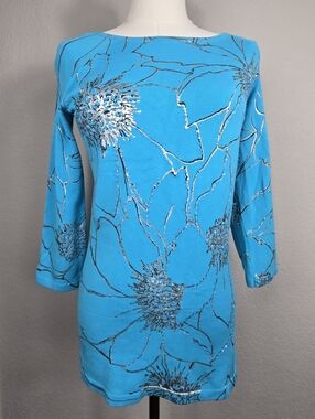 Vintage Caché Turquoise Beaded Floral Top Y2K 3/4 Sleeve Statement Blouse Size S